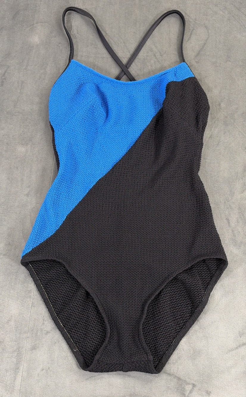 Vintage 70s 80s Robby Len Black/Blue Textured One Piece Swimsuit Women’s Size 16